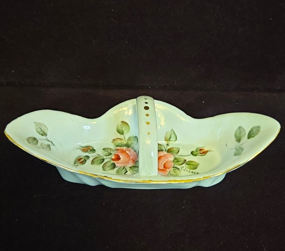 Antique Hand Painted Porcelain Relish Dish Pink Roses Gold Trim Signed R Lehner”